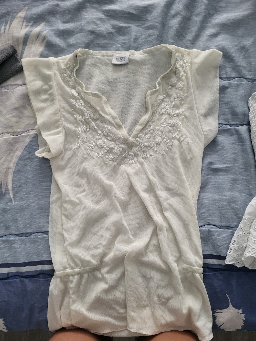 Suzy Cream Embroidered V-Neck Top